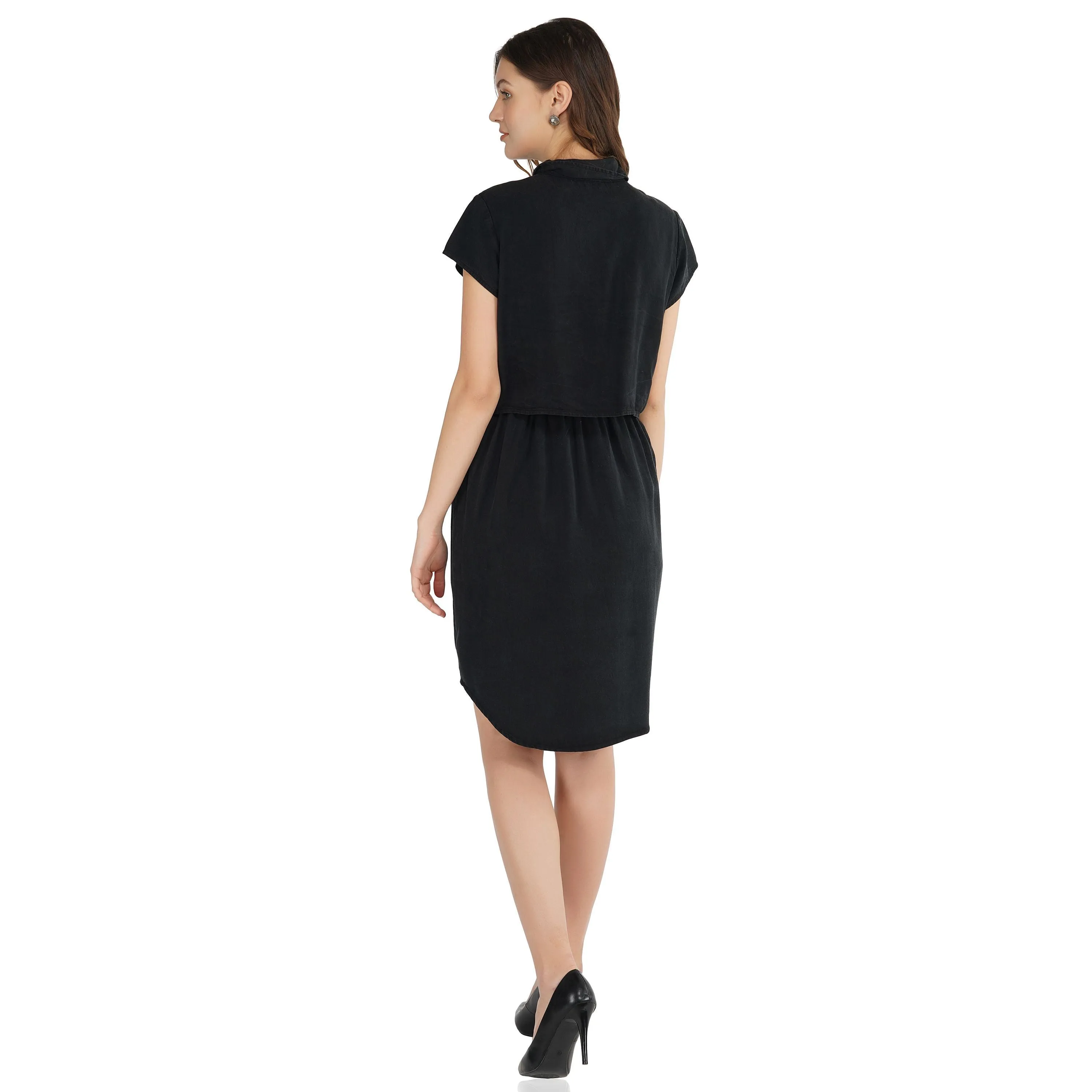 SLAY. Women's Black Wrinkle Resistant Tie Front Knotted A-line Short Dress in Tencel