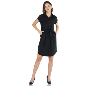 SLAY. Women's Black Wrinkle Resistant Tie Front Knotted A-line Short Dress in Tencel