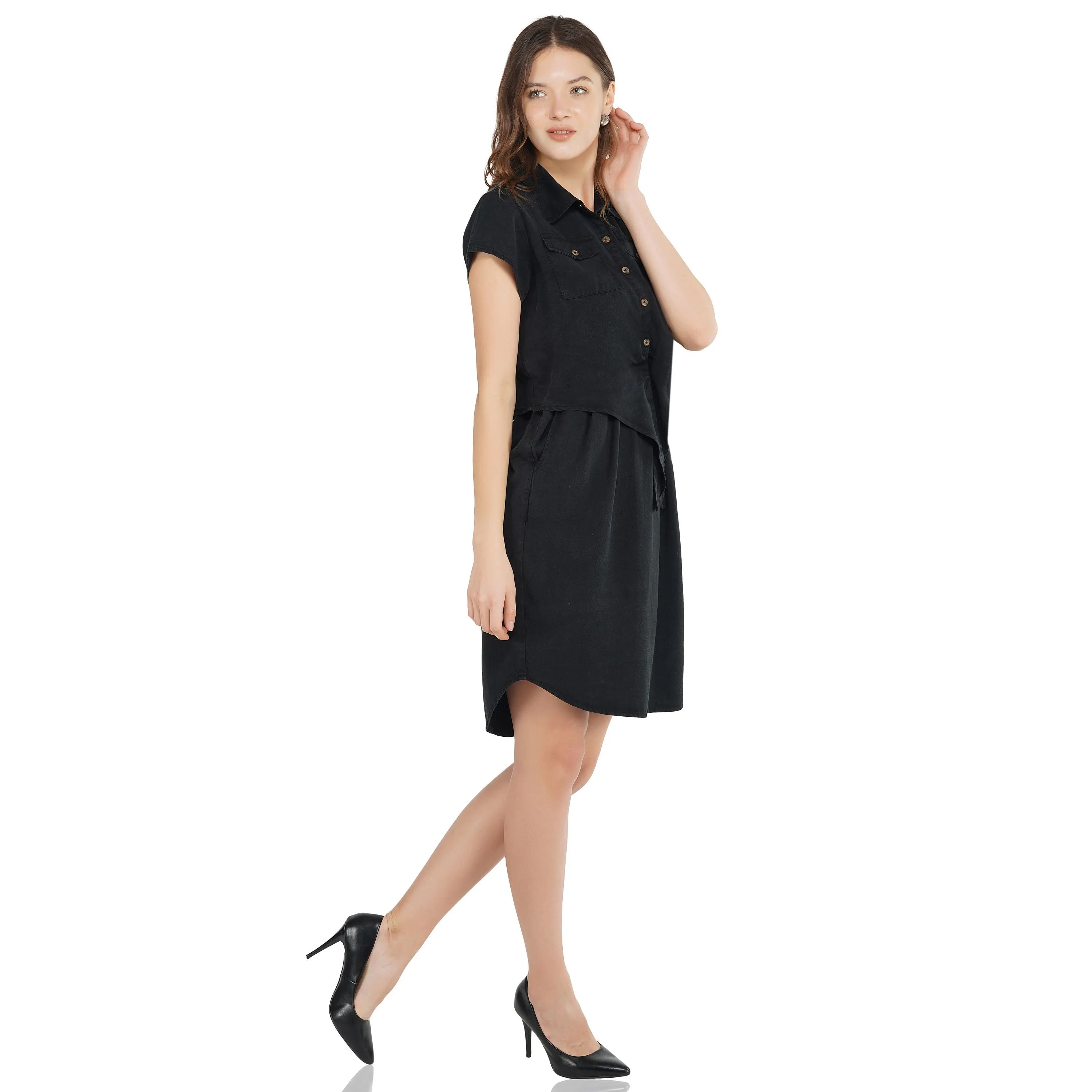 SLAY. Women's Black Wrinkle Resistant Tie Front Knotted A-line Short Dress in Tencel