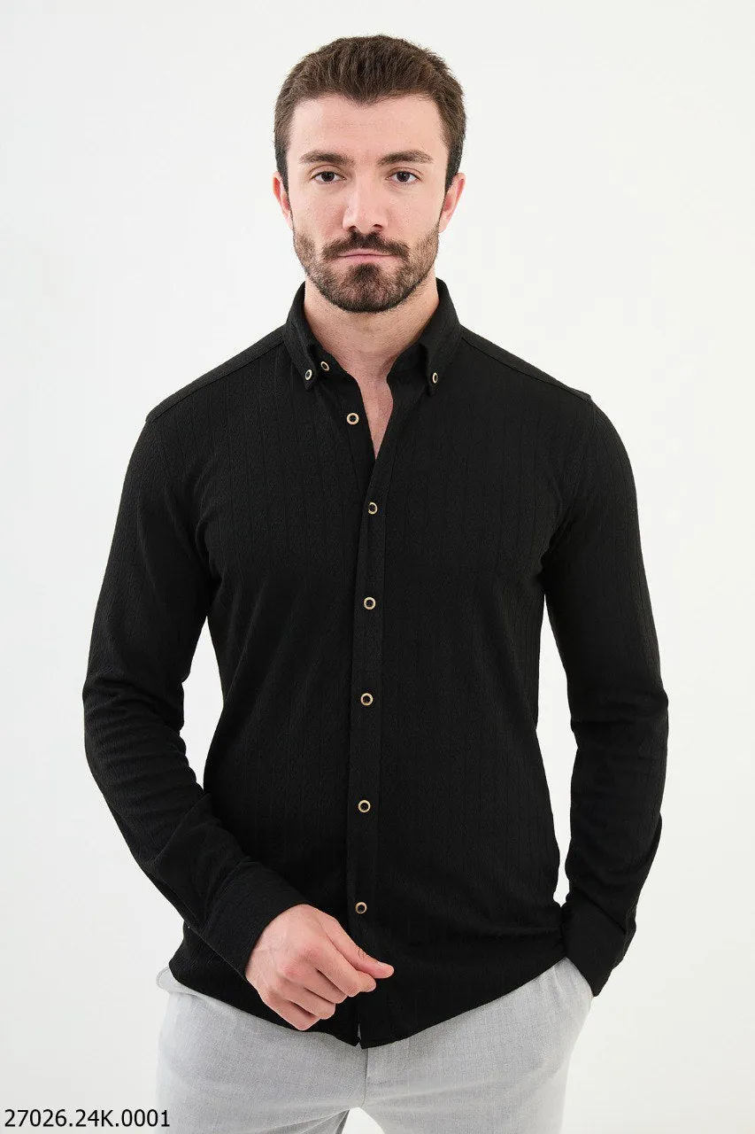 Sleek Black Textured Casual Shirt with Gold-Toned Button Accents.