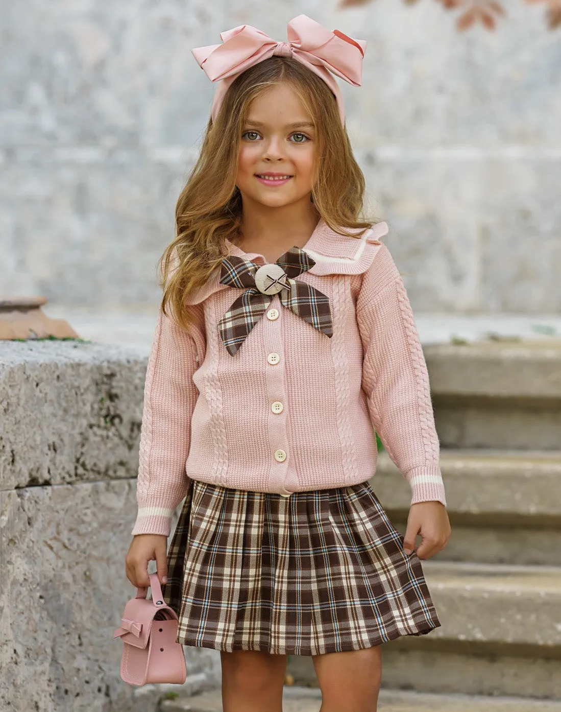 Smart Girls Rule Pink Knit Sweater and Checkered Skirt Set