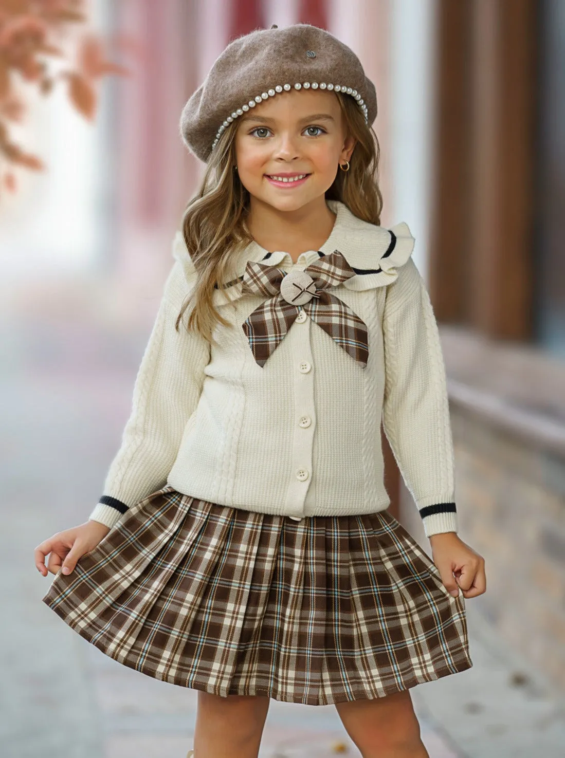 Smart Girls Rule White Knit Sweater And Checkered Skirt Set