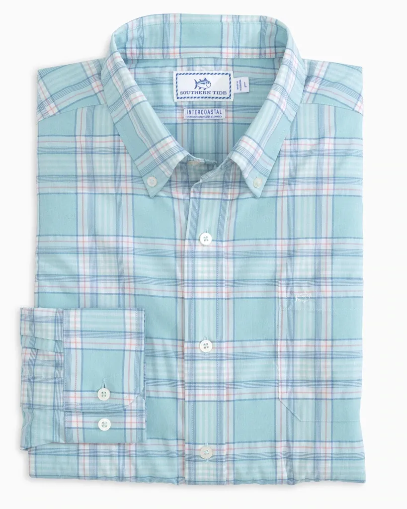 Southern Tide Men's Intercoastal Eddison Plaid Performance Sport Shirt / Heather Aquamarine