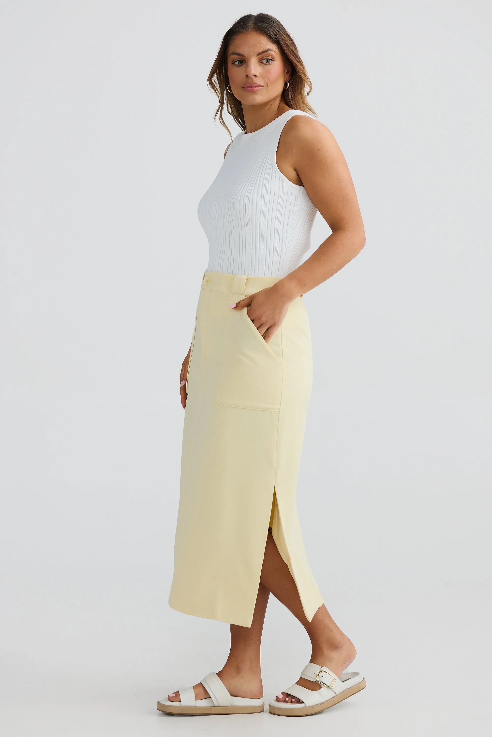 Straight Pocket Midi Skirt - Lemon