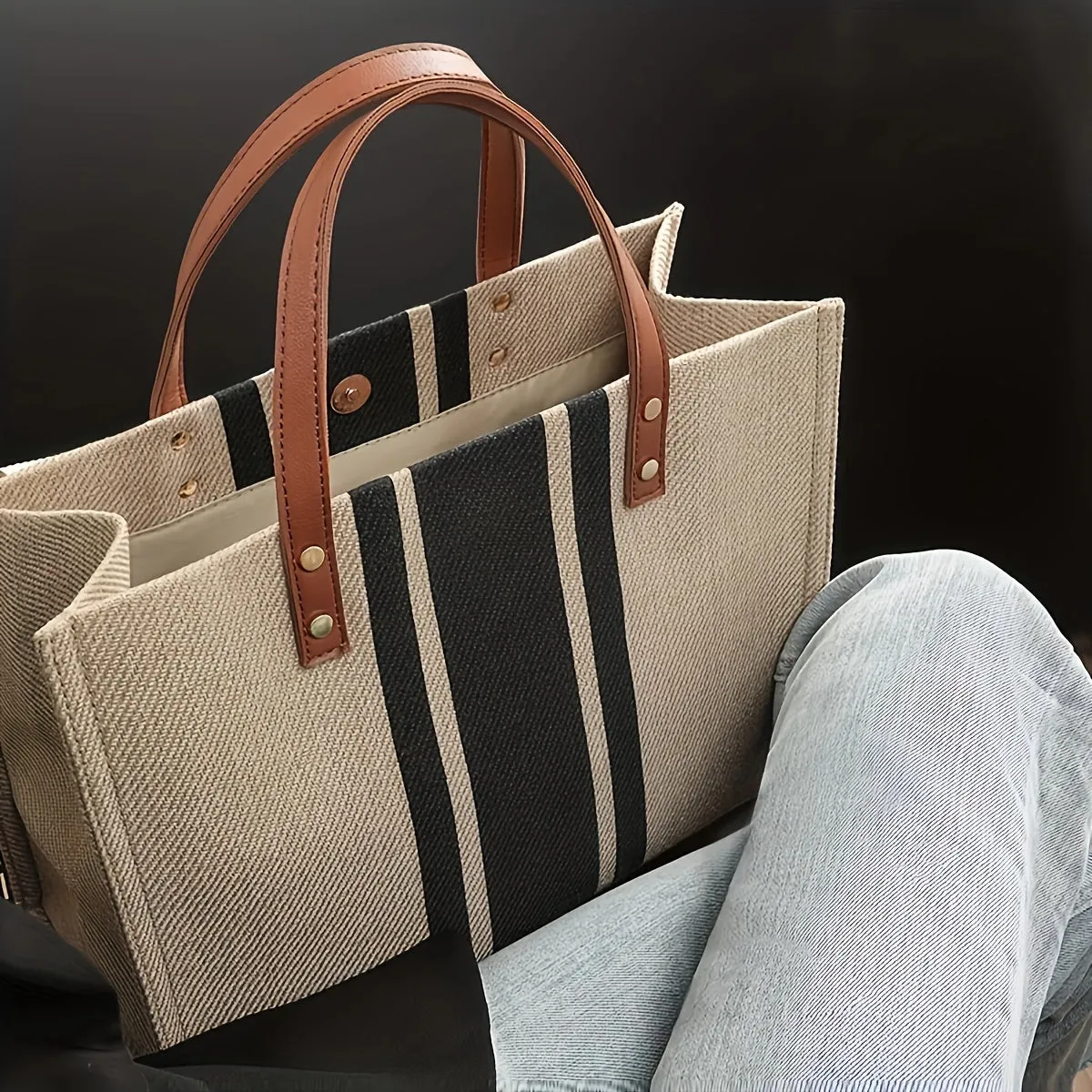 Striped Work Tote Classic Spacious  Versatile