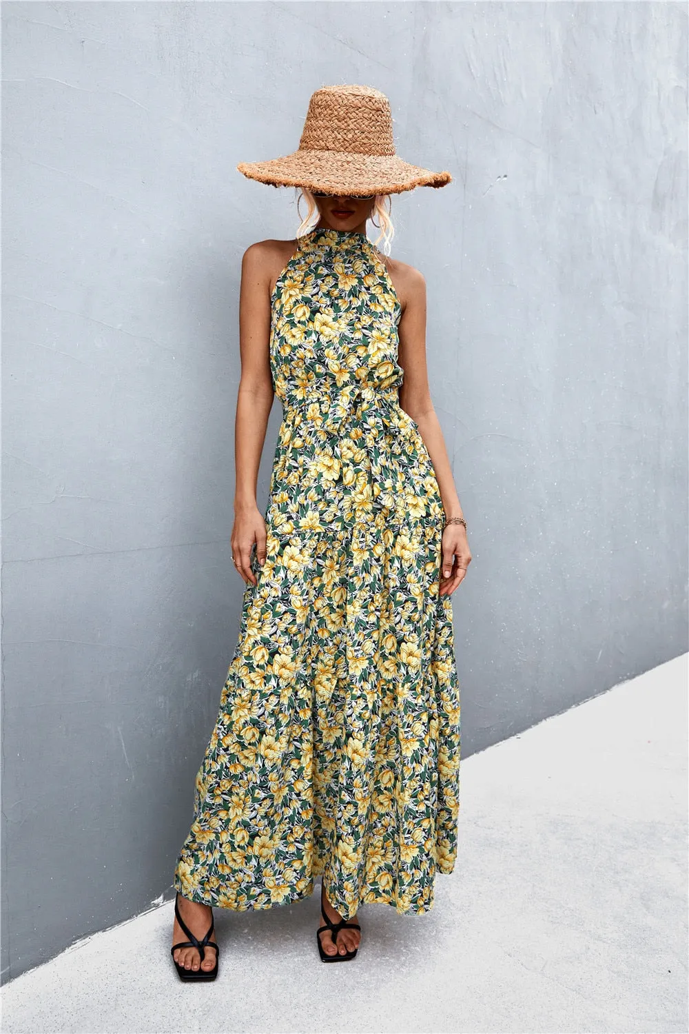 Summer Holiday Flower Printed Folds Blue Dress Beach Casual Neck-mounted Bandage Elegant Party Long Dress