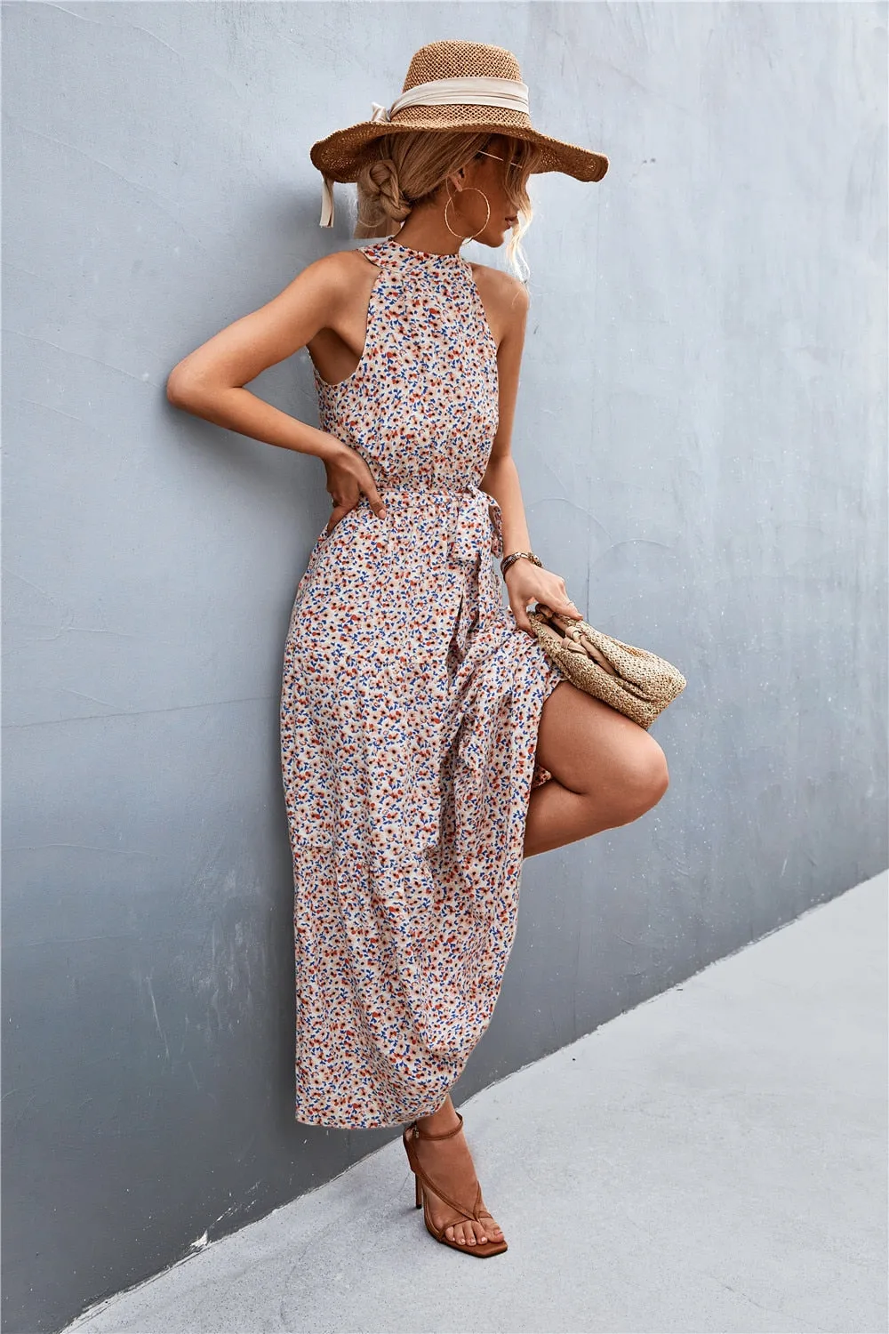 Summer Holiday Flower Printed Folds Blue Dress Beach Casual Neck-mounted Bandage Elegant Party Long Dress