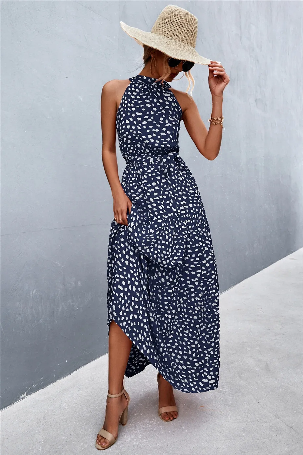 Summer Holiday Flower Printed Folds Blue Dress Beach Casual Neck-mounted Bandage Elegant Party Long Dress