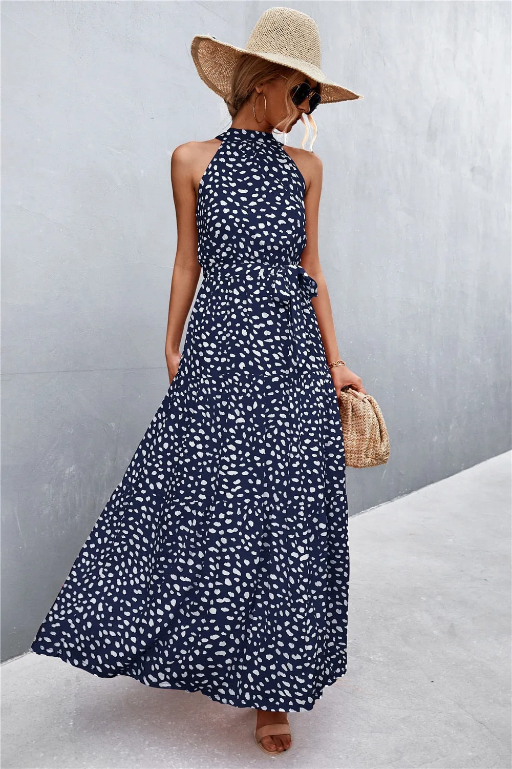 Summer Holiday Flower Printed Folds Blue Dress Beach Casual Neck-mounted Bandage Elegant Party Long Dress