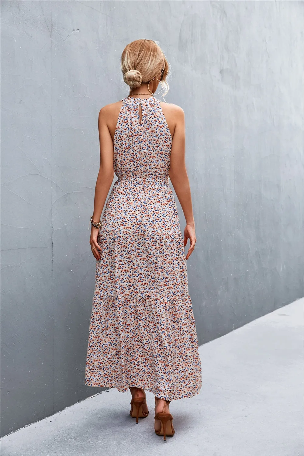 Summer Holiday Flower Printed Folds Blue Dress Beach Casual Neck-mounted Bandage Elegant Party Long Dress