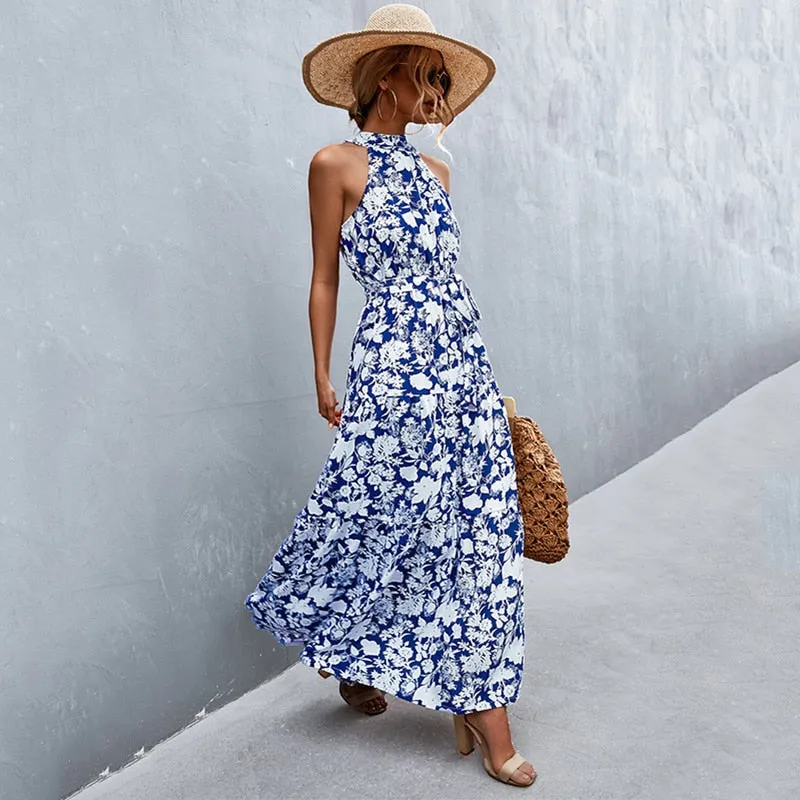 Summer Holiday Flower Printed Folds Blue Dress Beach Casual Neck-mounted Bandage Elegant Party Long Dress