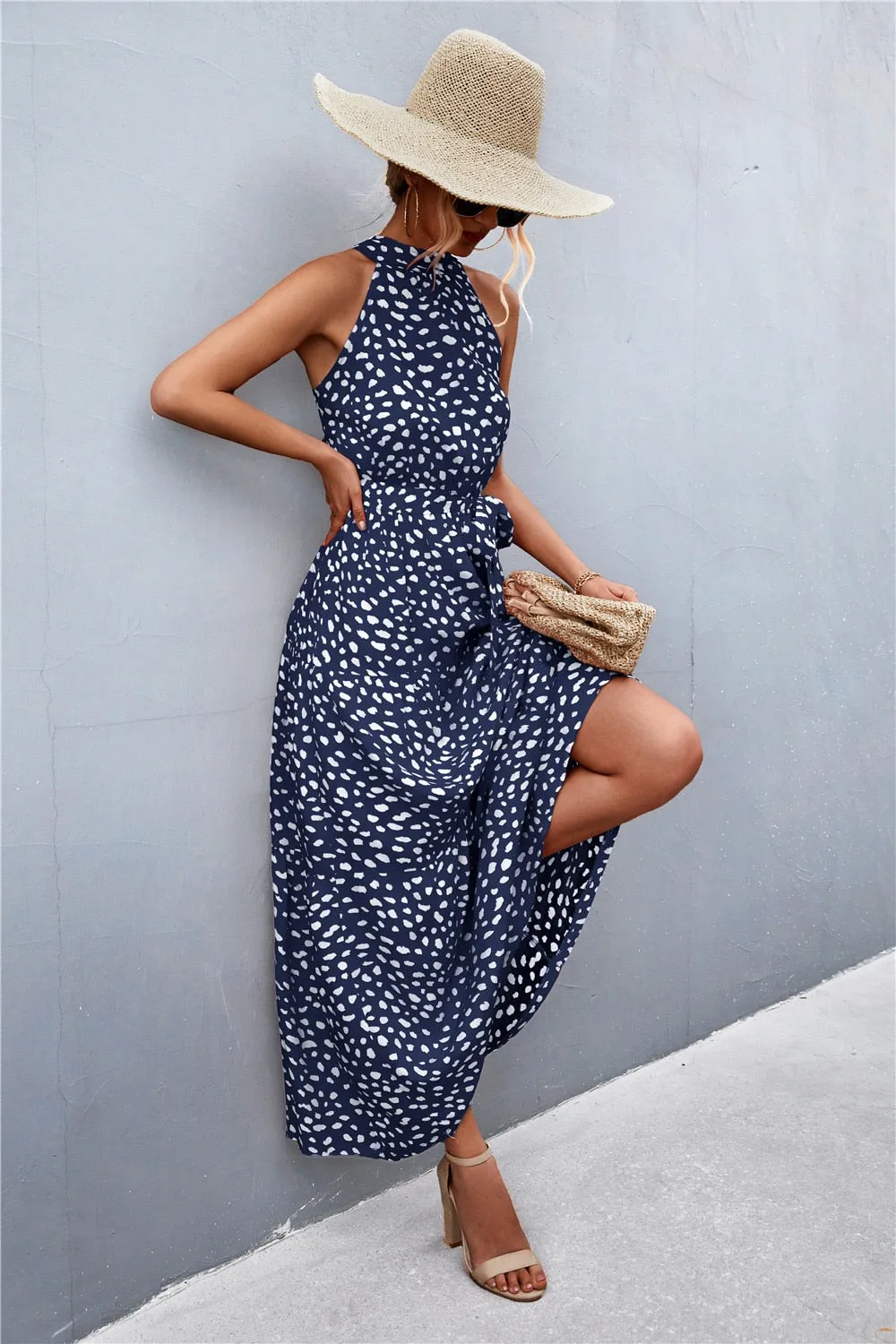 Summer Holiday Flower Printed Folds Blue Dress Beach Casual Neck-mounted Bandage Elegant Party Long Dress