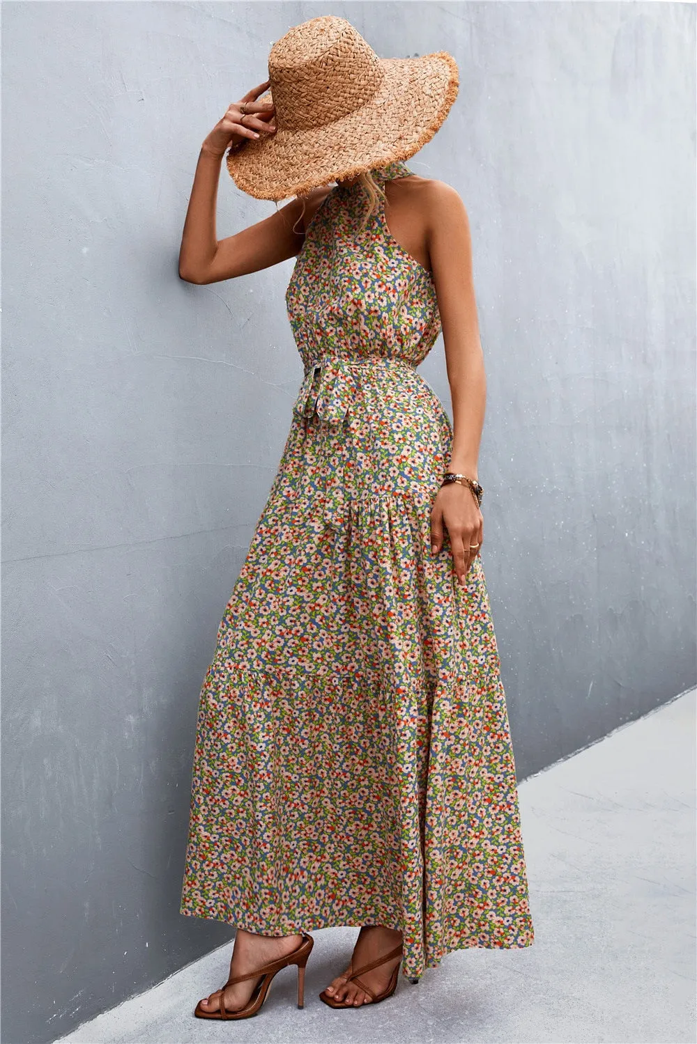 Summer Holiday Flower Printed Folds Blue Dress Beach Casual Neck-mounted Bandage Elegant Party Long Dress