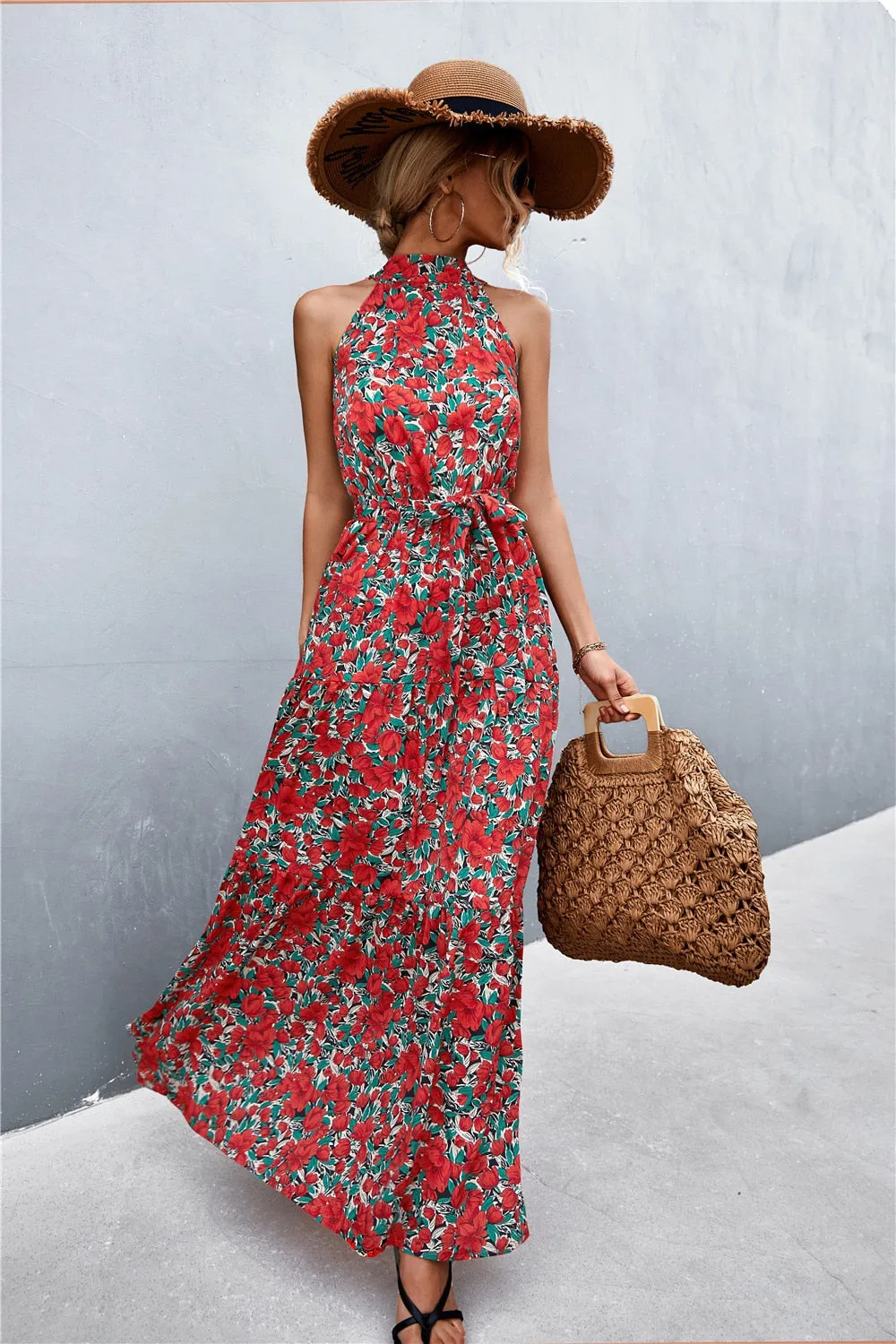 Summer Holiday Flower Printed Folds Blue Dress Beach Casual Neck-mounted Bandage Elegant Party Long Dress