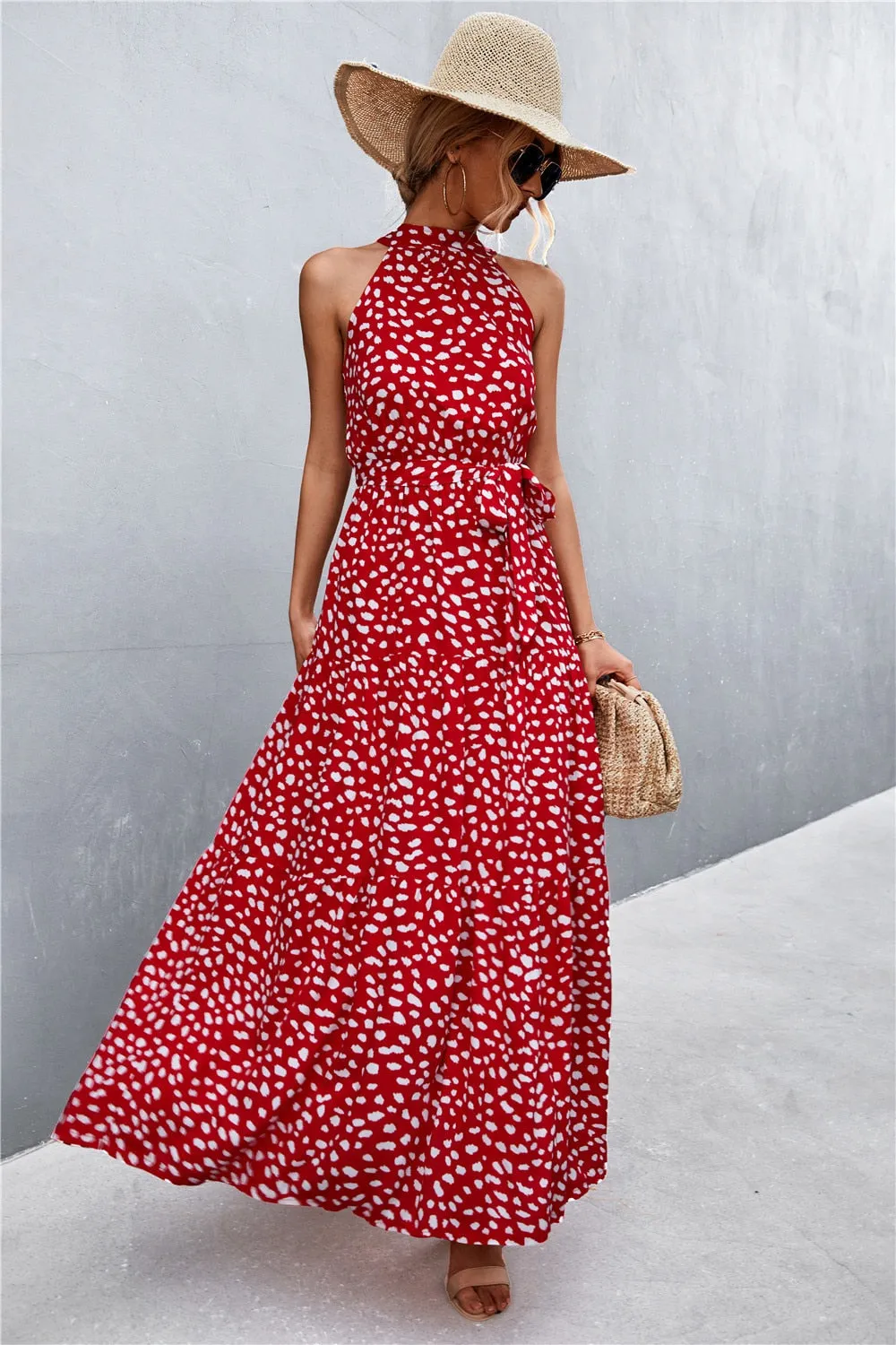 Summer Holiday Flower Printed Folds Blue Dress Beach Casual Neck-mounted Bandage Elegant Party Long Dress