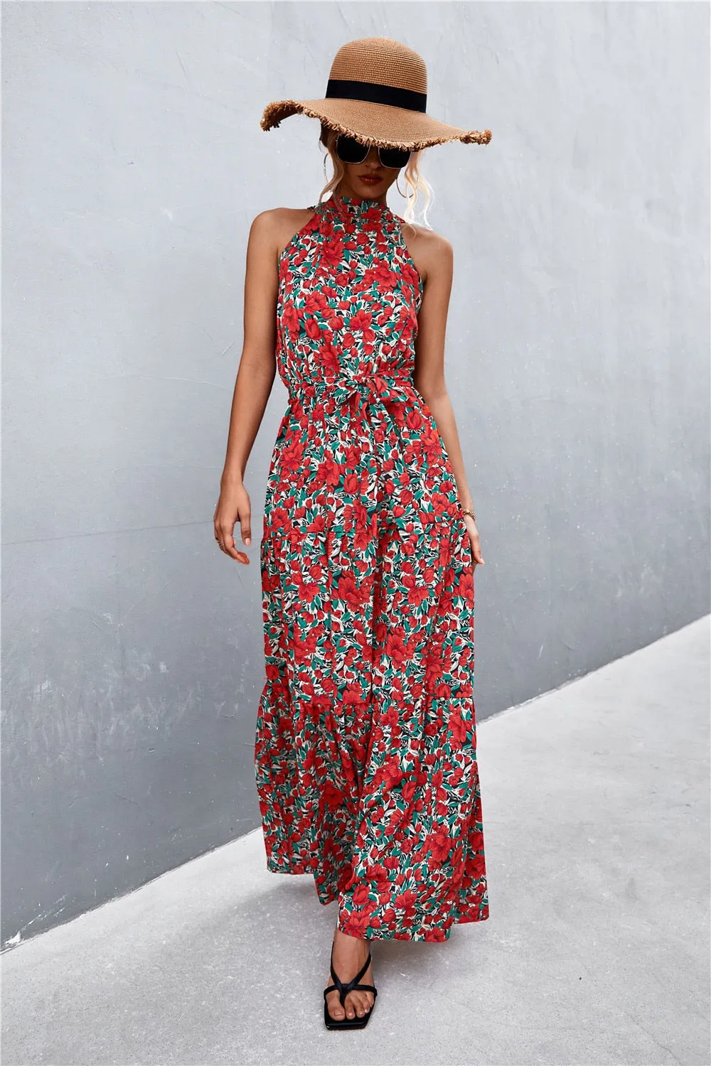 Summer Holiday Flower Printed Folds Blue Dress Beach Casual Neck-mounted Bandage Elegant Party Long Dress