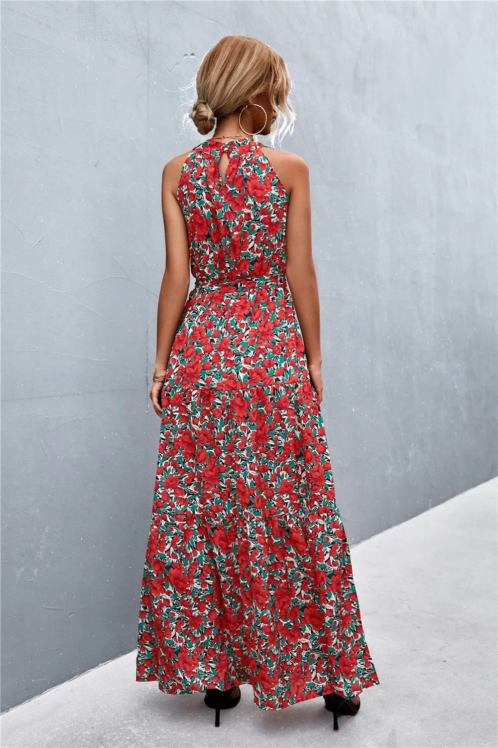 Summer Holiday Flower Printed Folds Blue Dress Beach Casual Neck-mounted Bandage Elegant Party Long Dress