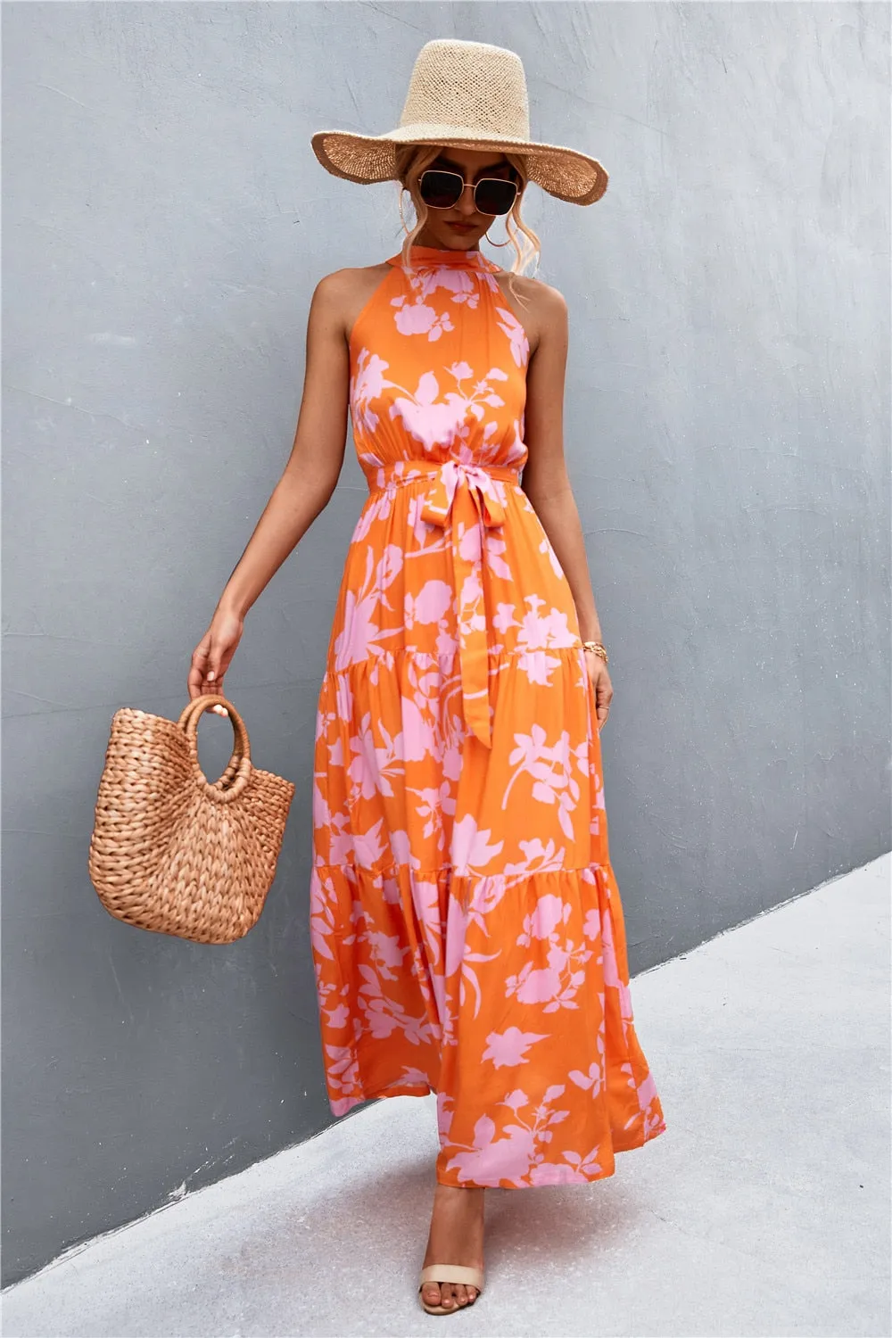 Summer Holiday Flower Printed Folds Blue Dress Beach Casual Neck-mounted Bandage Elegant Party Long Dress