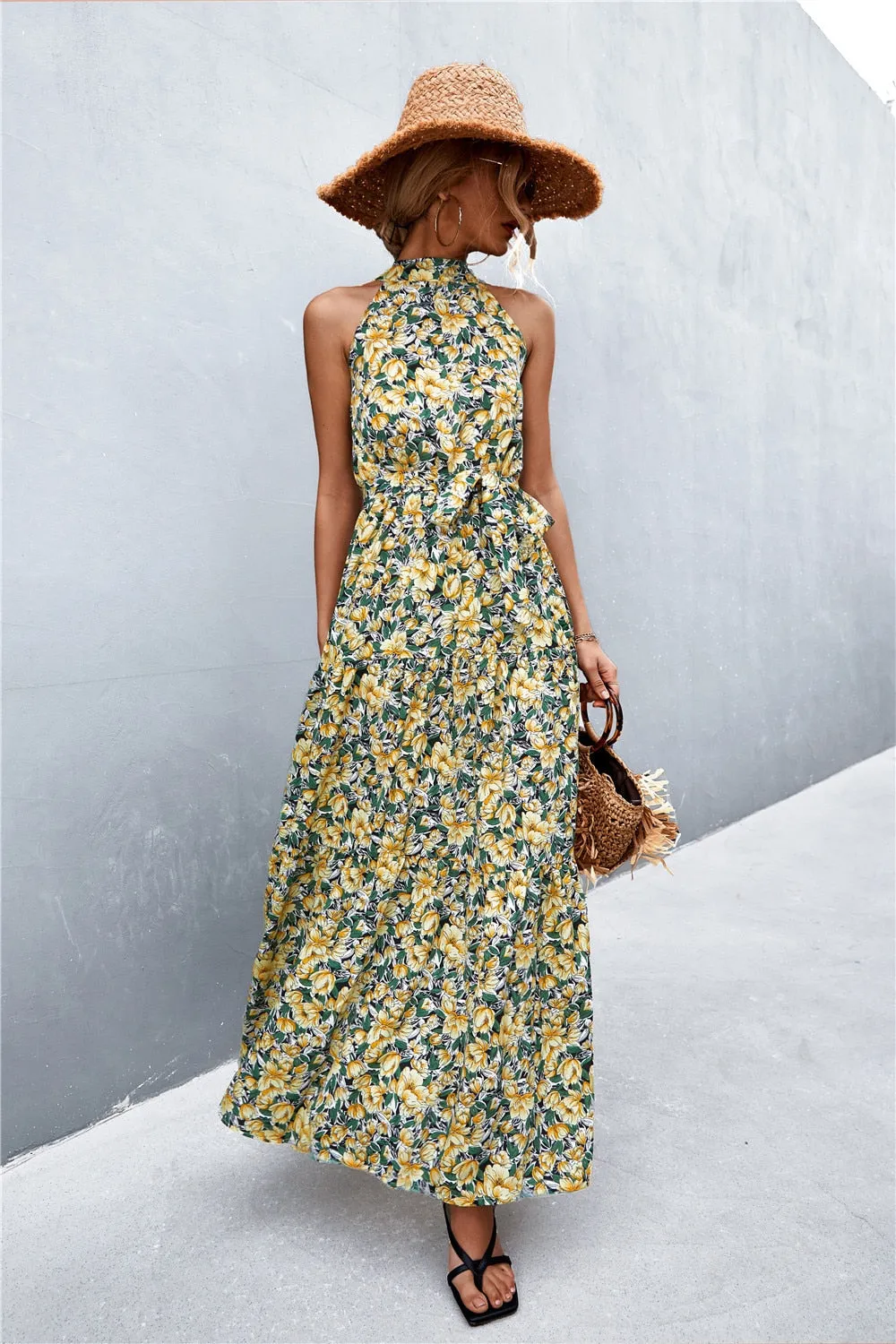 Summer Holiday Flower Printed Folds Blue Dress Beach Casual Neck-mounted Bandage Elegant Party Long Dress