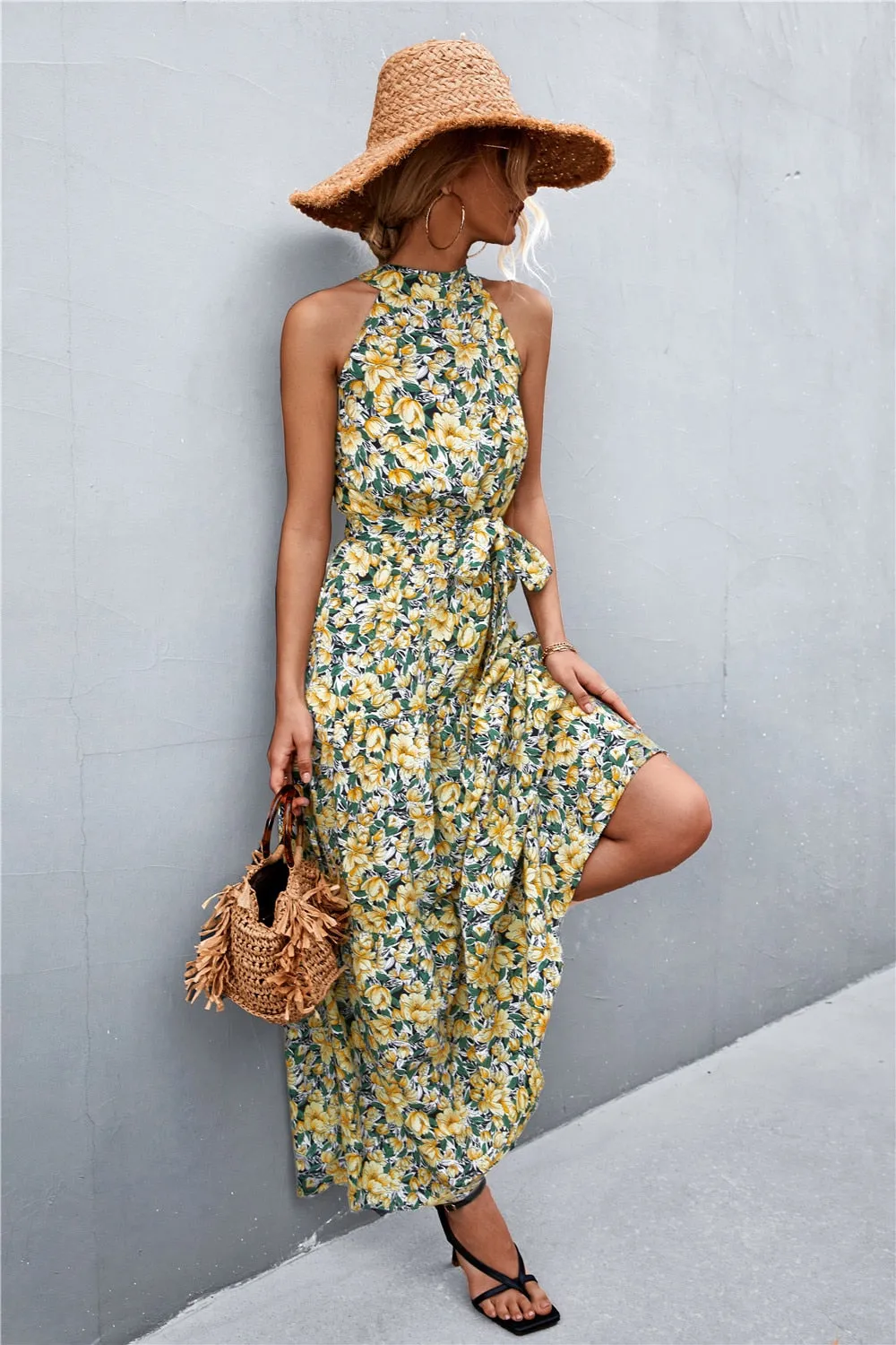 Summer Holiday Flower Printed Folds Blue Dress Beach Casual Neck-mounted Bandage Elegant Party Long Dress