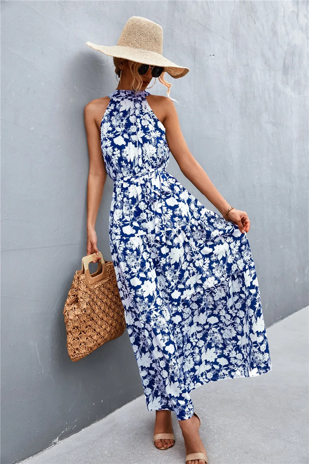 Summer Holiday Flower Printed Folds Blue Dress Beach Casual Neck-mounted Bandage Elegant Party Long Dress