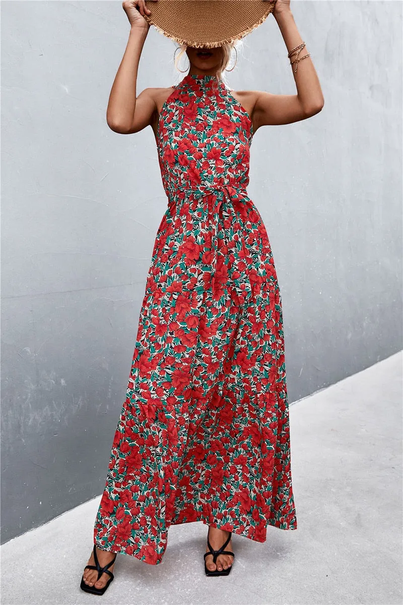 Summer Holiday Flower Printed Folds Blue Dress Beach Casual Neck-mounted Bandage Elegant Party Long Dress