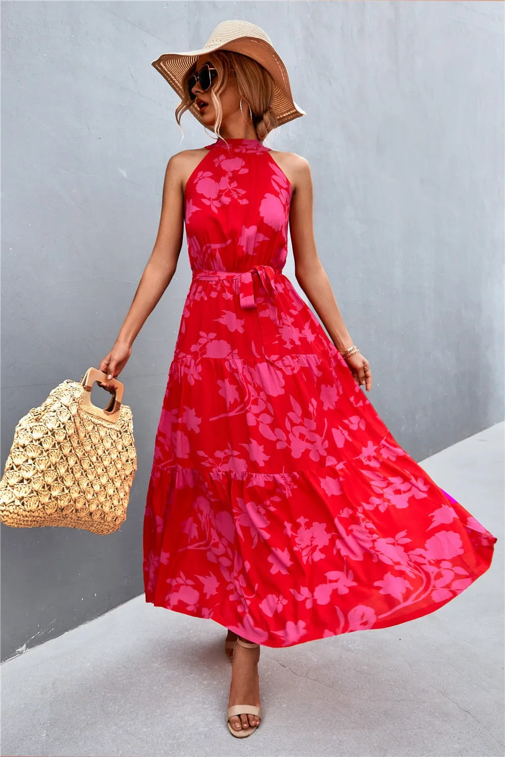 Summer Holiday Flower Printed Folds Blue Dress Beach Casual Neck-mounted Bandage Elegant Party Long Dress