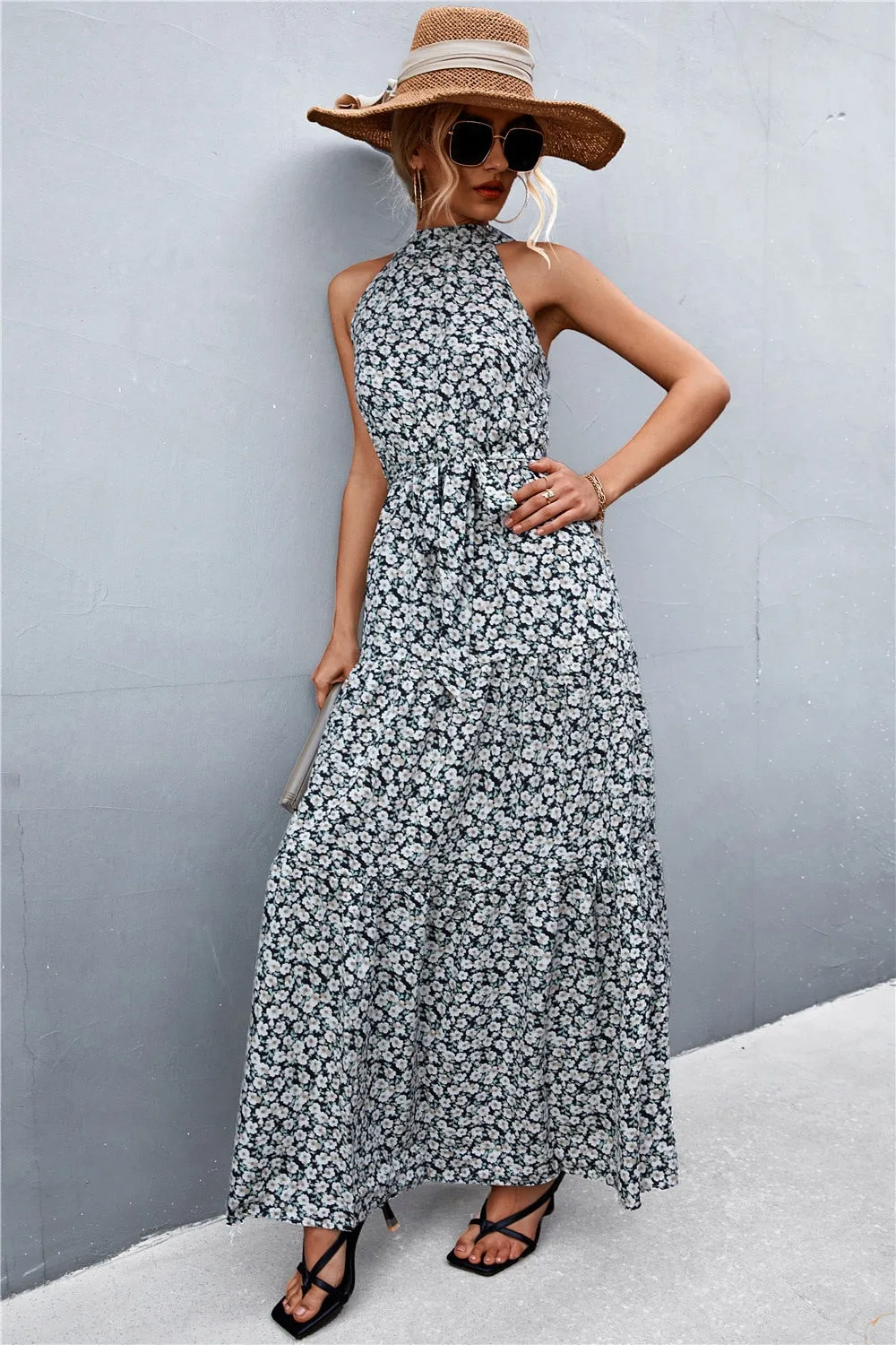 Summer Holiday Flower Printed Folds Blue Dress Beach Casual Neck-mounted Bandage Elegant Party Long Dress