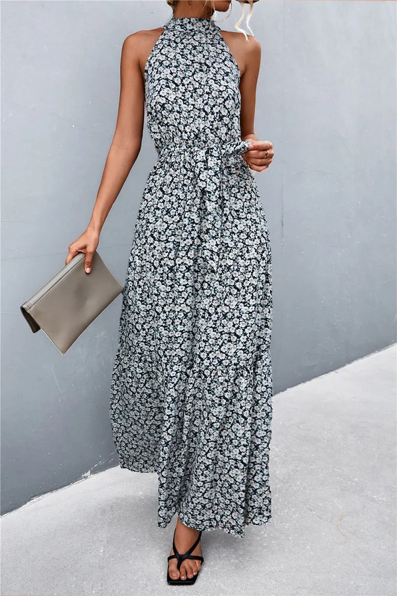 Summer Holiday Flower Printed Folds Blue Dress Beach Casual Neck-mounted Bandage Elegant Party Long Dress