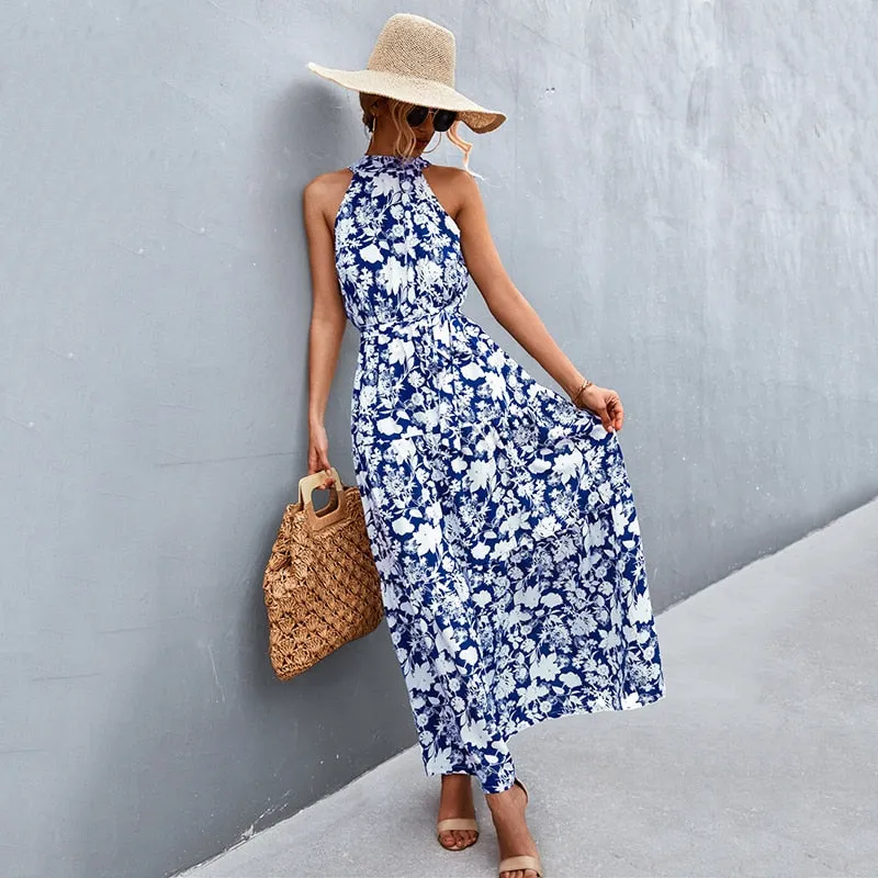 Summer Holiday Flower Printed Folds Blue Dress Beach Casual Neck-mounted Bandage Elegant Party Long Dress