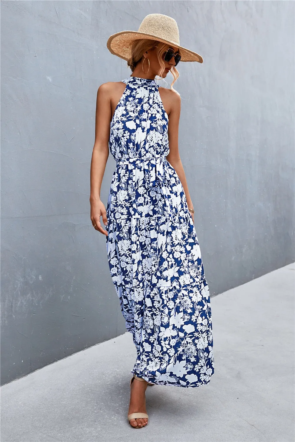 Summer Holiday Flower Printed Folds Blue Dress Beach Casual Neck-mounted Bandage Elegant Party Long Dress