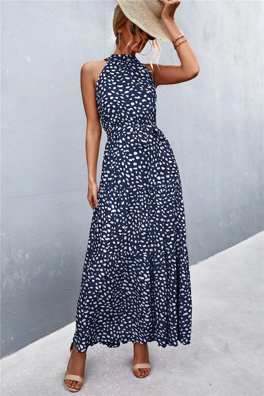 Summer Holiday Flower Printed Folds Blue Dress Beach Casual Neck-mounted Bandage Elegant Party Long Dress