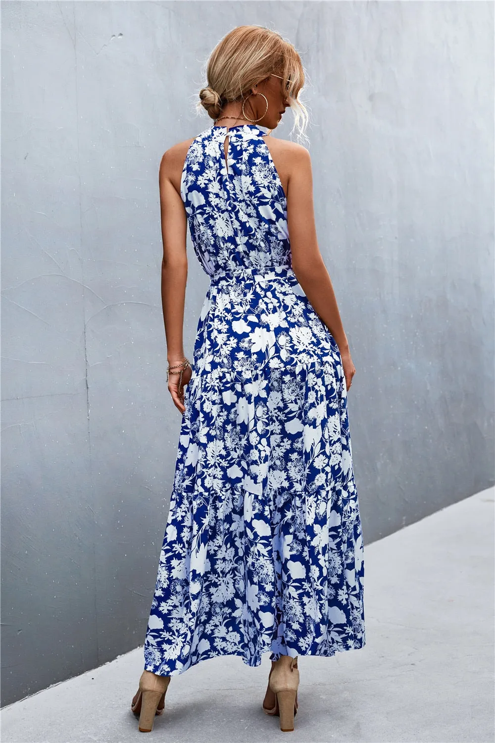 Summer Holiday Flower Printed Folds Blue Dress Beach Casual Neck-mounted Bandage Elegant Party Long Dress