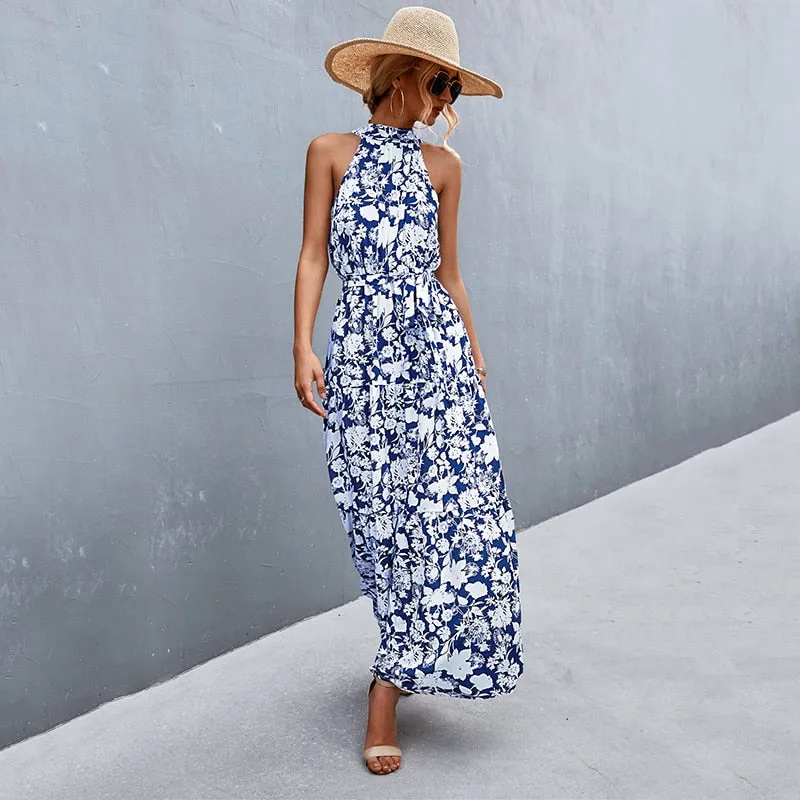 Summer Holiday Flower Printed Folds Blue Dress Beach Casual Neck-mounted Bandage Elegant Party Long Dress