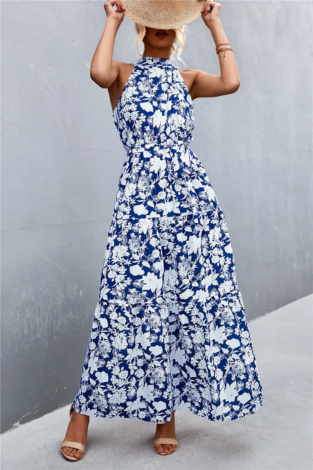 Summer Holiday Flower Printed Folds Blue Dress Beach Casual Neck-mounted Bandage Elegant Party Long Dress