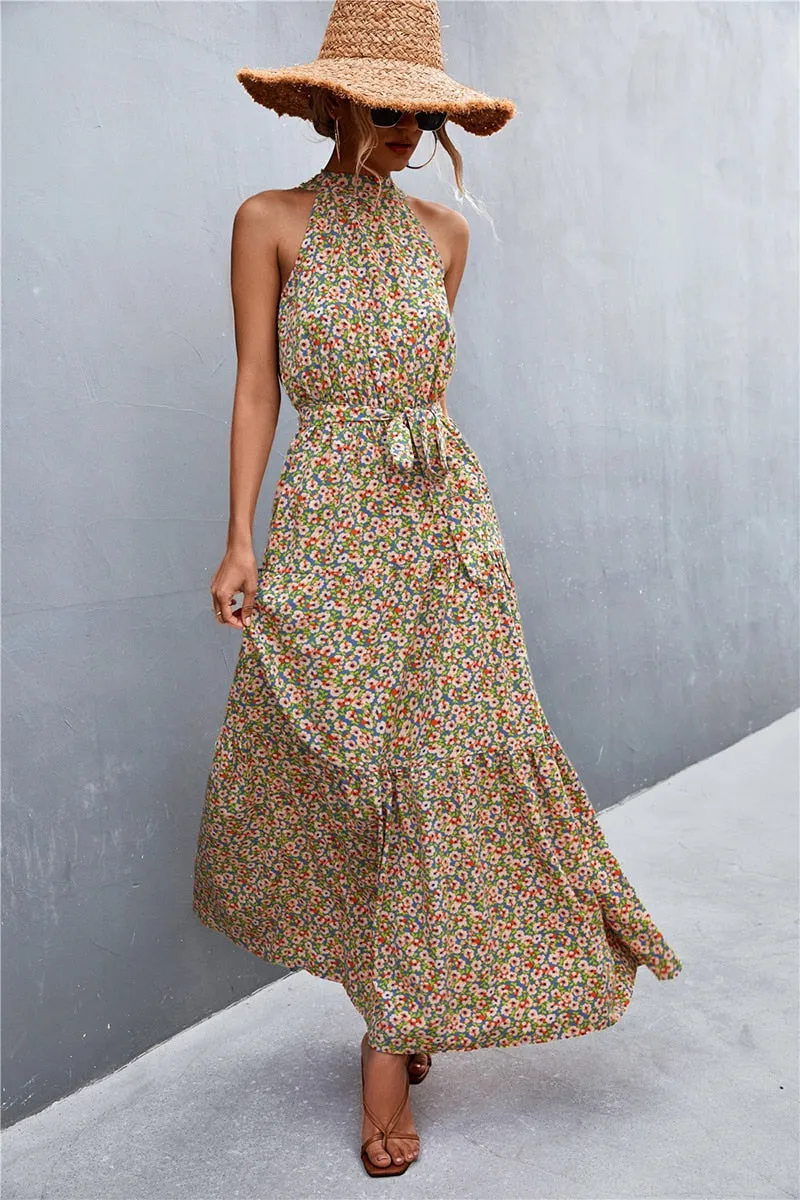 Summer Holiday Flower Printed Folds Blue Dress Beach Casual Neck-mounted Bandage Elegant Party Long Dress