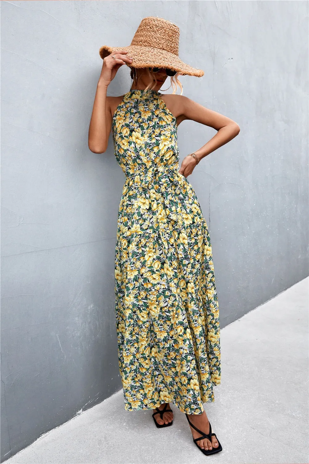 Summer Holiday Flower Printed Folds Blue Dress Beach Casual Neck-mounted Bandage Elegant Party Long Dress