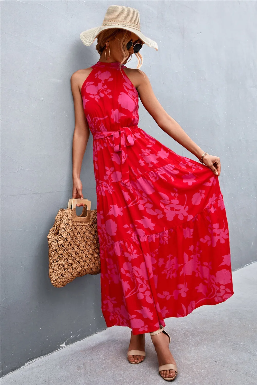 Summer Holiday Flower Printed Folds Blue Dress Beach Casual Neck-mounted Bandage Elegant Party Long Dress