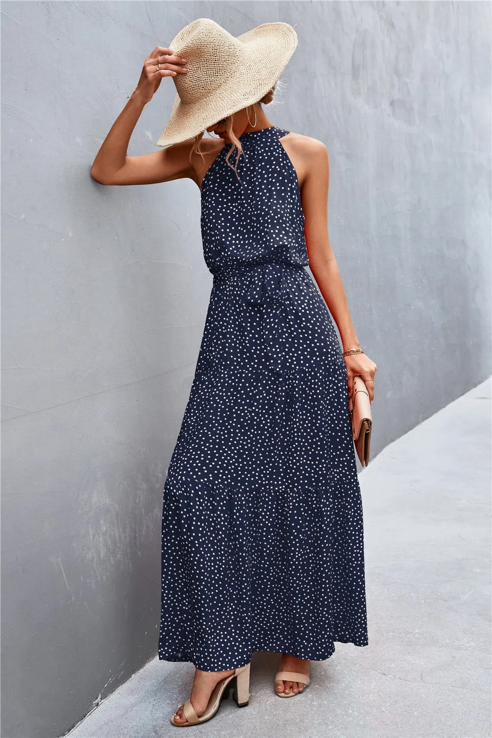 Summer Holiday Flower Printed Folds Blue Dress Beach Casual Neck-mounted Bandage Elegant Party Long Dress