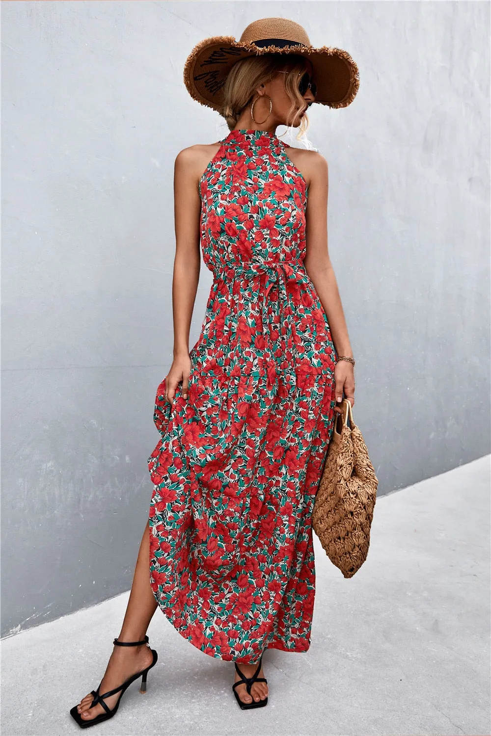 Summer Holiday Flower Printed Folds Blue Dress Beach Casual Neck-mounted Bandage Elegant Party Long Dress