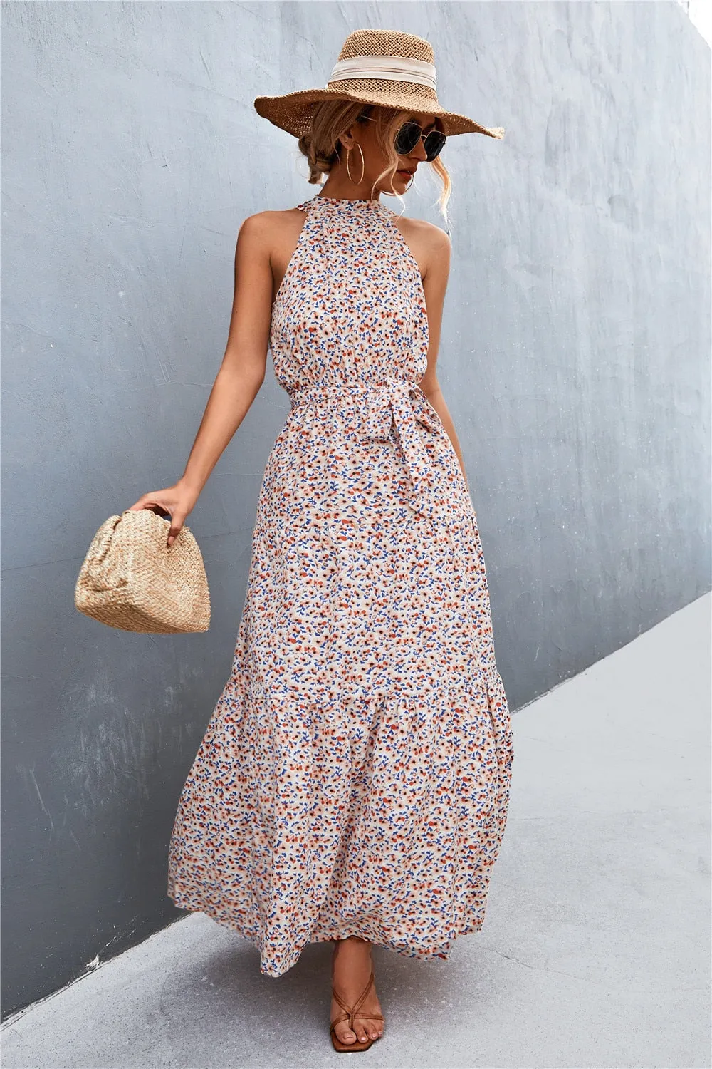 Summer Holiday Flower Printed Folds Blue Dress Beach Casual Neck-mounted Bandage Elegant Party Long Dress