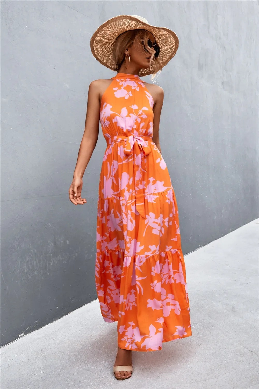 Summer Holiday Flower Printed Folds Blue Dress Beach Casual Neck-mounted Bandage Elegant Party Long Dress