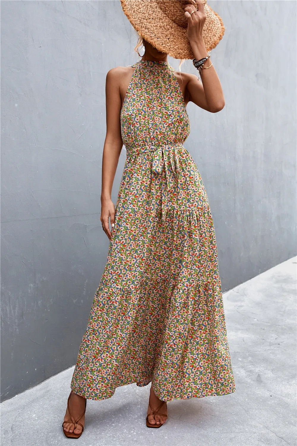 Summer Holiday Flower Printed Folds Blue Dress Beach Casual Neck-mounted Bandage Elegant Party Long Dress