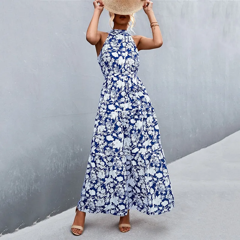 Summer Holiday Flower Printed Folds Blue Dress Beach Casual Neck-mounted Bandage Elegant Party Long Dress