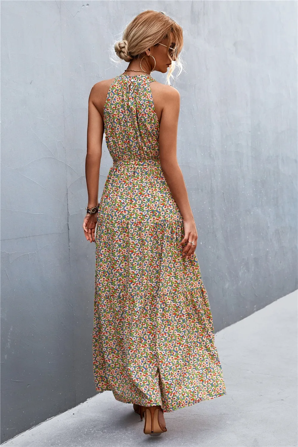 Summer Holiday Flower Printed Folds Blue Dress Beach Casual Neck-mounted Bandage Elegant Party Long Dress