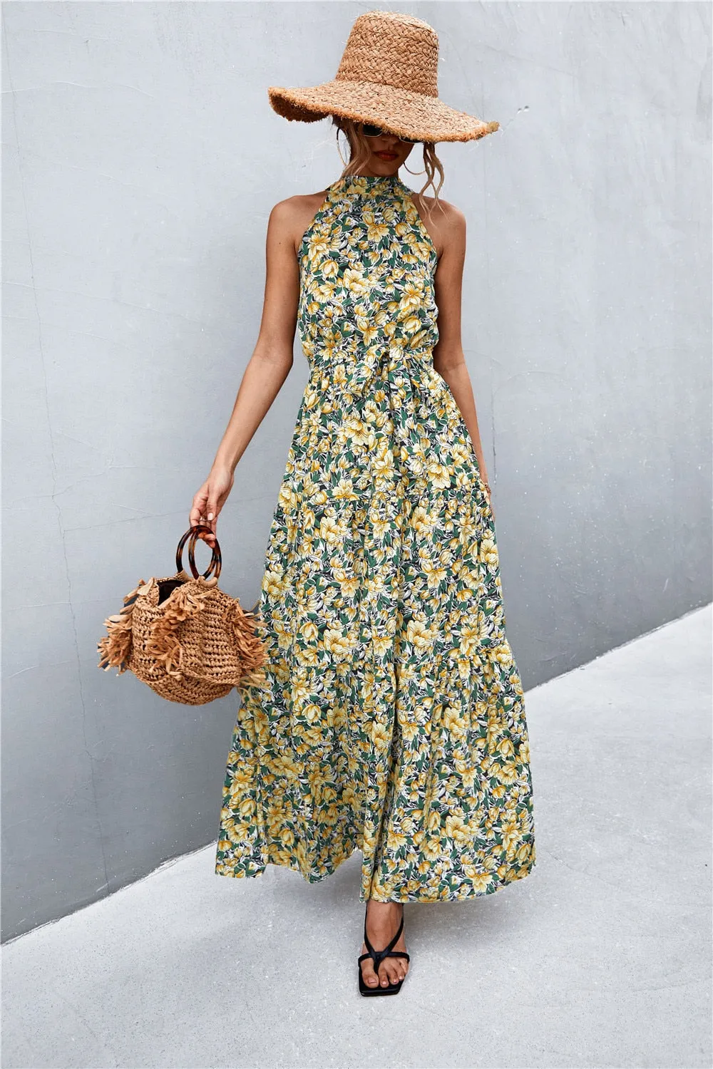 Summer Holiday Flower Printed Folds Blue Dress Beach Casual Neck-mounted Bandage Elegant Party Long Dress