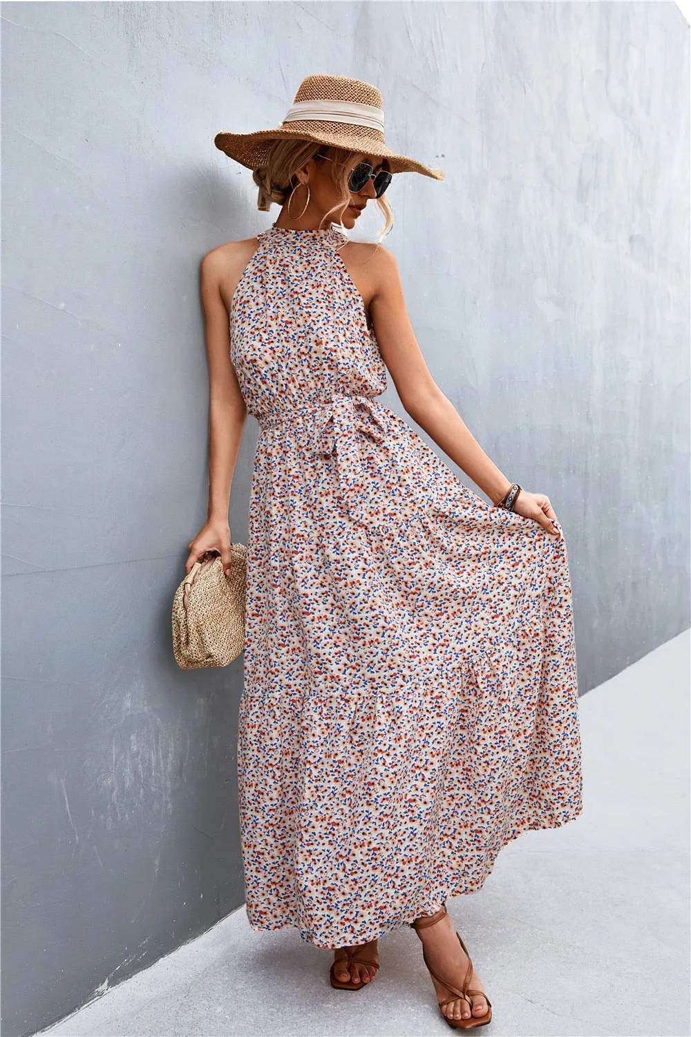 Summer Holiday Flower Printed Folds Blue Dress Beach Casual Neck-mounted Bandage Elegant Party Long Dress