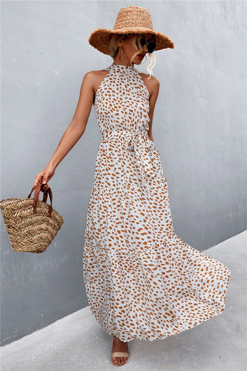 Summer Holiday Flower Printed Folds Blue Dress Beach Casual Neck-mounted Bandage Elegant Party Long Dress