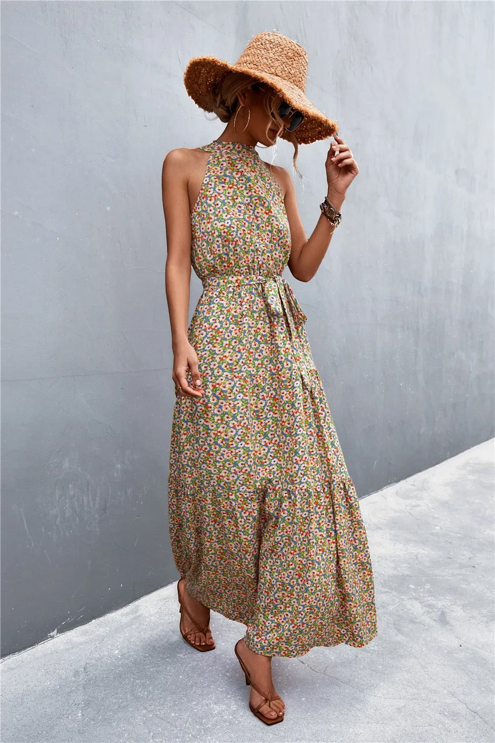 Summer Holiday Flower Printed Folds Blue Dress Beach Casual Neck-mounted Bandage Elegant Party Long Dress