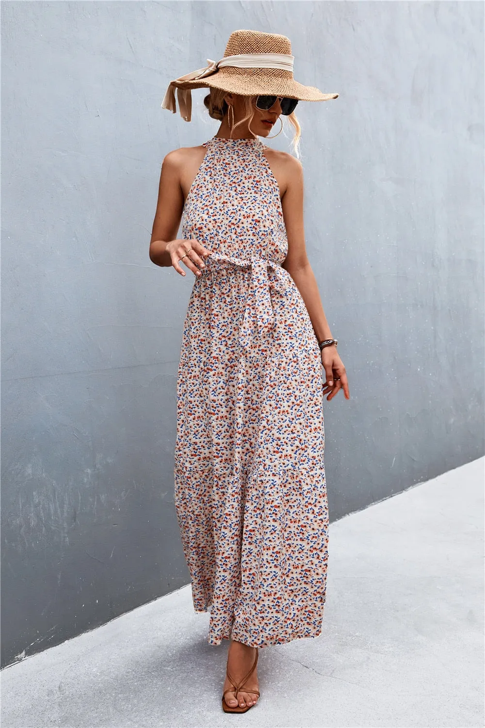 Summer Holiday Flower Printed Folds Blue Dress Beach Casual Neck-mounted Bandage Elegant Party Long Dress